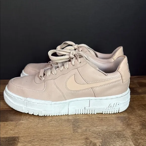 Nike Pink/Tan and White Limited Edition Air Force 1 Pixel Sneakers Size 7