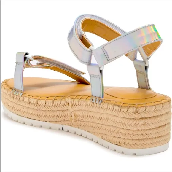 Nine West Silver Metallic Flatform Slide Espadrilles Heel Ankle Strap Sa…