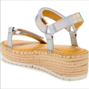 Nine West Silver Metallic Flatform Slide Espadrilles Heel Ankle Strap Sa…