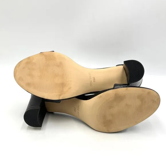 Nine West Womens Pruce Black Leather Block Heel Open Toe Sandals Heels Shoes 6.5
