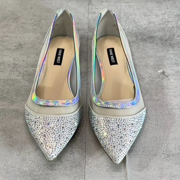 NINE WEST Women's Silver Bogus Rhinestone Embellished Pointed-Toe Mesh Flats SZ7