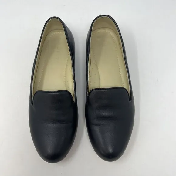 NISOLO Women’s Size 7 Black Leather Slip On Smoking Shoe Loafer Classic Flats