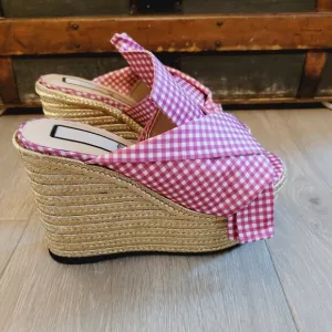 No 21 Sandal 5 Pink Gingham Knotted Bow Platform Espadrilles Wedge Jute Slip On