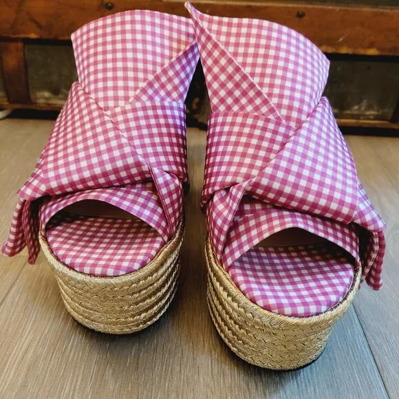 No 21 Sandal 5 Pink Gingham Knotted Bow Platform Espadrilles Wedge Jute Slip On
