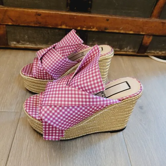 No 21 Sandal 5 Pink Gingham Knotted Bow Platform Espadrilles Wedge Jute Slip On