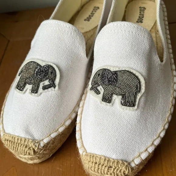 NWB Soludos Elephant Beaded Smoking Slipper Slip On Espadrilles White 7.5