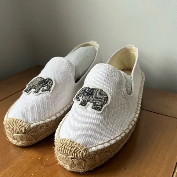 NWB Soludos Elephant Beaded Smoking Slipper Slip On Espadrilles White 7.5