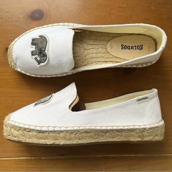 NWB Soludos Elephant Beaded Smoking Slipper Slip On Espadrilles White 7.5