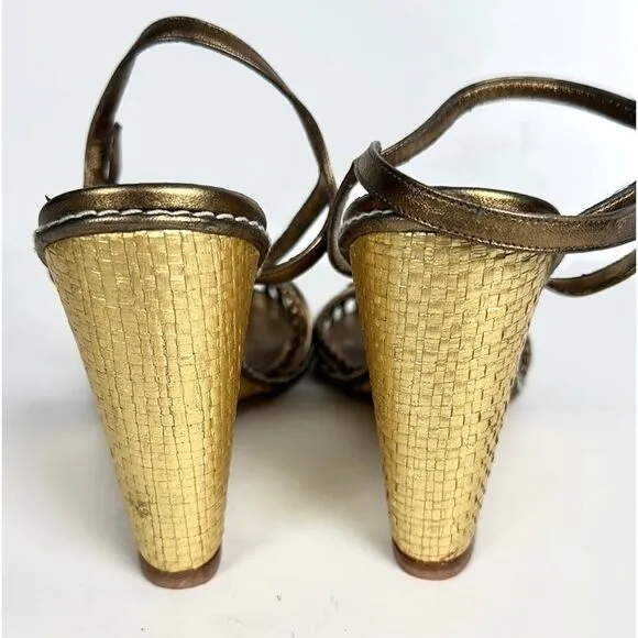 NWOB DELMAN Leather Strappy Wedge Gold Sandals Ankle Strap Made in Spain 40 US 9