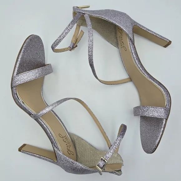 NWOT Jewel Badgley Mischka Diana Heeled Strappy Sandals, Lilac (Purple) Glitter