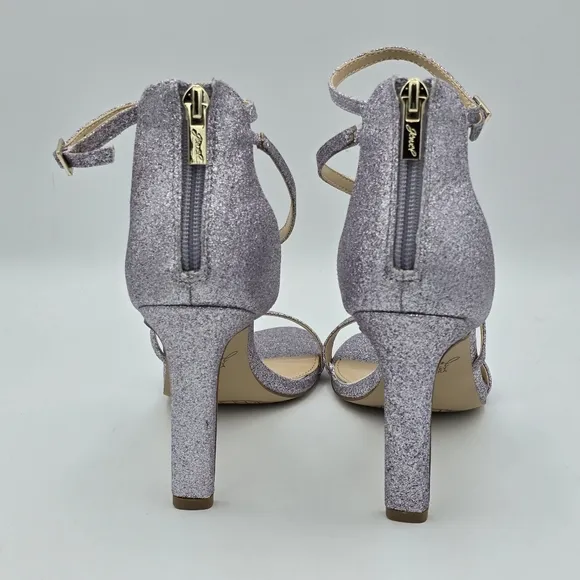 NWOT Jewel Badgley Mischka Diana Heeled Strappy Sandals, Lilac (Purple) Glitter