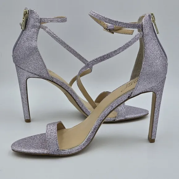 NWOT Jewel Badgley Mischka Diana Heeled Strappy Sandals, Lilac (Purple) Glitter