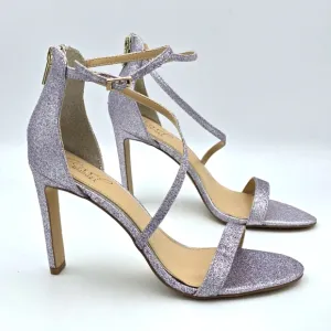 NWOT Jewel Badgley Mischka Diana Heeled Strappy Sandals, Lilac (Purple) Glitter