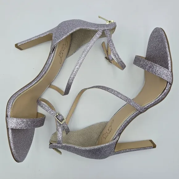 NWOT Jewel Badgley Mischka Diana Heeled Strappy Sandals, Lilac (Purple) Glitter