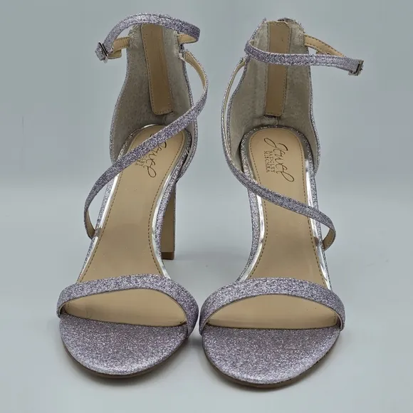 NWOT Jewel Badgley Mischka Diana Heeled Strappy Sandals, Lilac (Purple) Glitter