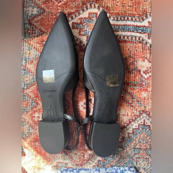 NWT C. Paravano Black Leather Slingback Flats with Grosgrain Cap Toe