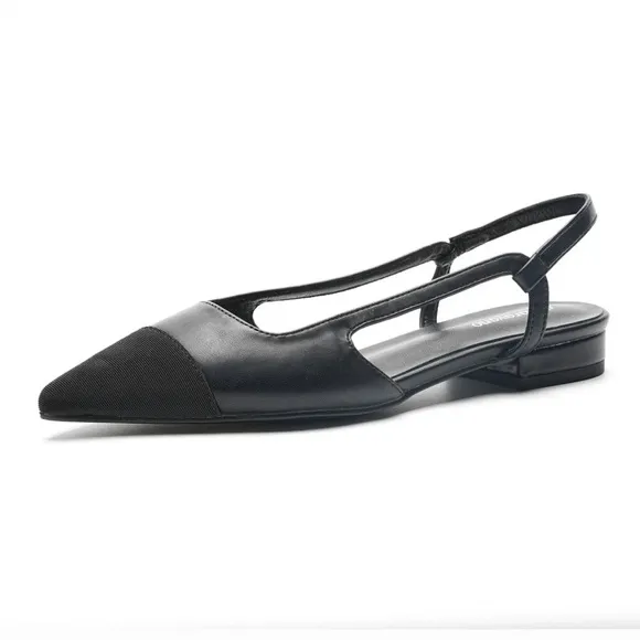 NWT C. Paravano Black Leather Slingback Flats with Grosgrain Cap Toe
