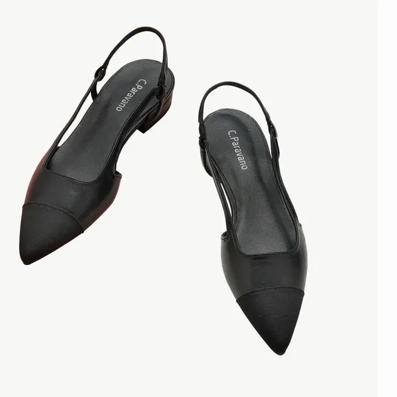 NWT C. Paravano Black Leather Slingback Flats with Grosgrain Cap Toe