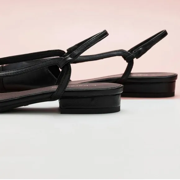 NWT C. Paravano Black Leather Slingback Flats with Grosgrain Cap Toe