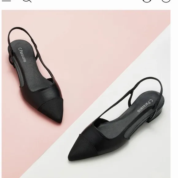 NWT C. Paravano Black Leather Slingback Flats with Grosgrain Cap Toe