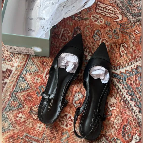 NWT C. Paravano Black Leather Slingback Flats with Grosgrain Cap Toe