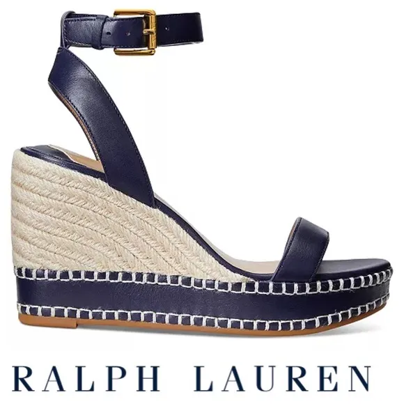 NWT Lauren Ralph Lauren Hilarie Burnished Leather Espadrille Platform Wedge
