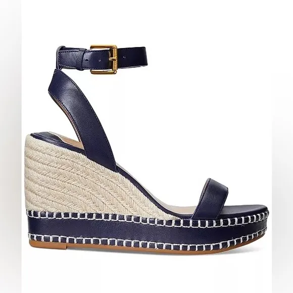 NWT Lauren Ralph Lauren Hilarie Burnished Leather Espadrille Platform Wedge