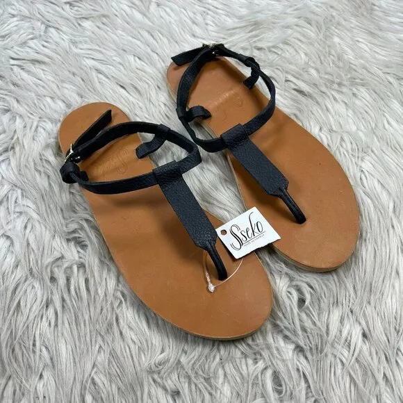 NWT Sseko Women's Black Leather T-Strap Flat Sandals