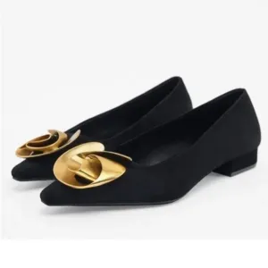 NWT. Zara Black/Gold Suede Metal Flower Loafers/Ballet Flats. Size 6,5, 9.