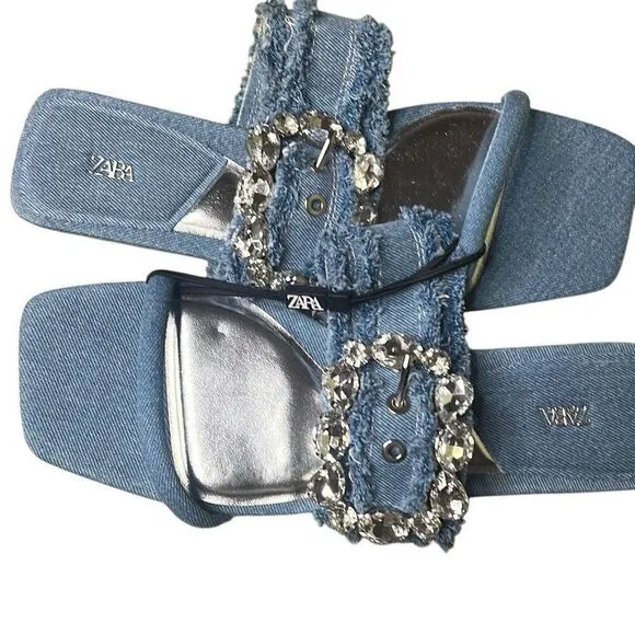 NWT Zara Blue Denim Flat Buckled Sandals 37 6.5