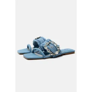 NWT Zara Blue Denim Flat Buckled Sandals 37 6.5