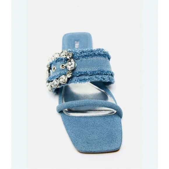 NWT Zara Blue Denim Flat Buckled Sandals 37 6.5