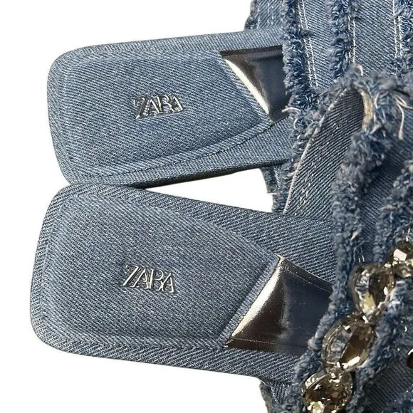 NWT Zara Blue Denim Flat Buckled Sandals 37 6.5