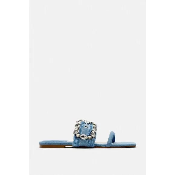 NWT Zara Blue Denim Flat Buckled Sandals 37 6.5