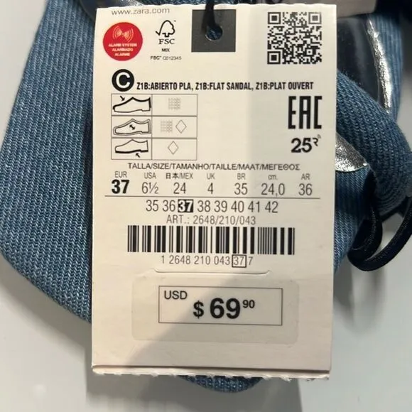 NWT Zara Blue Denim Flat Buckled Sandals 37 6.5