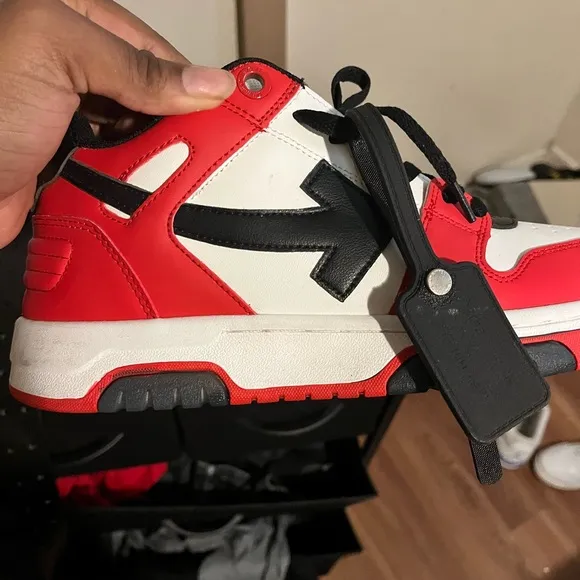 Off-White Red and Black Sneakers with Distinctive Design