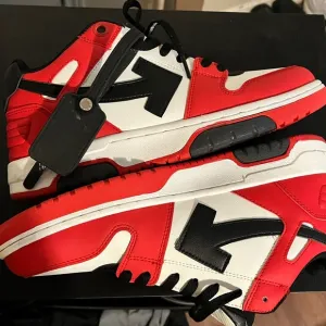 Off-White Red and Black Sneakers with Distinctive Design