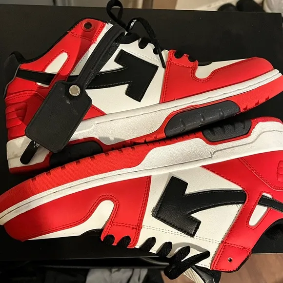 Off-White Red and Black Sneakers with Distinctive Design