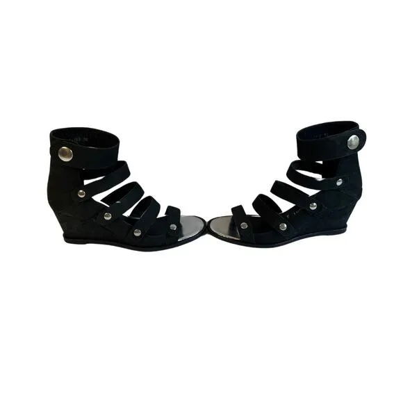 OPENING CEREMONY Black Leather Strappy Snap Button Wedge Sandal Size 7.5 /38