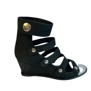 OPENING CEREMONY Black Leather Strappy Snap Button Wedge Sandal Size 7.5 /38
