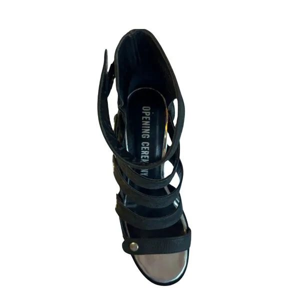 OPENING CEREMONY Black Leather Strappy Snap Button Wedge Sandal Size 7.5 /38