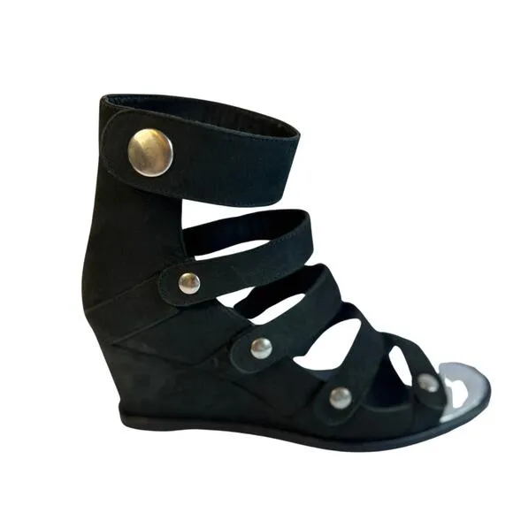OPENING CEREMONY Black Leather Strappy Snap Button Wedge Sandal Size 7.5 /38