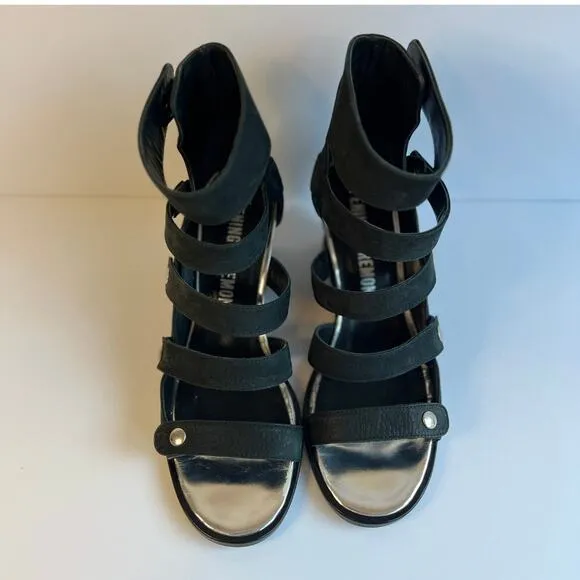 OPENING CEREMONY Black Leather Strappy Snap Button Wedge Sandal Size 7.5 /38