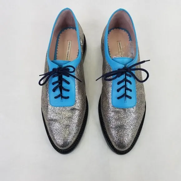 Opening Ceremony Oxfords Women's 9.5 EU 41 Blue Silver Glitter Lace Up Loafers