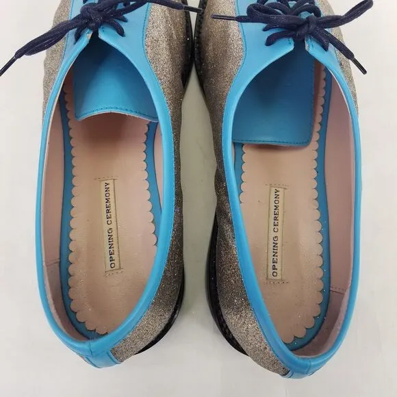 Opening Ceremony Oxfords Women's 9.5 EU 41 Blue Silver Glitter Lace Up Loafers