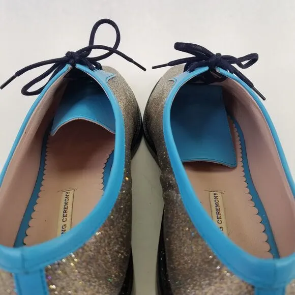Opening Ceremony Oxfords Women's 9.5 EU 41 Blue Silver Glitter Lace Up Loafers
