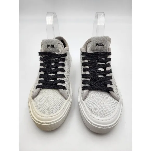 P448 Sally Italian Low Top Animal Print Silver Skater Sneakers Shoe Size 37 US 6