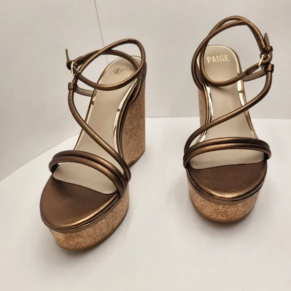 Paige wedge sandals women's 9 bronze leather Hallie strappy padded glam new $298