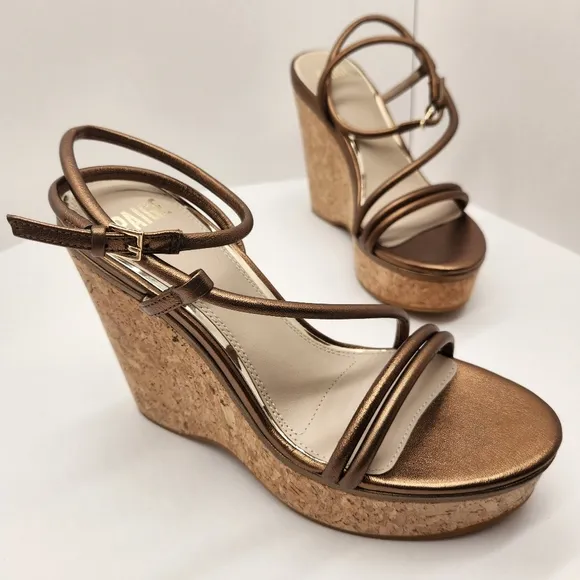 Paige wedge sandals women's 9 bronze leather Hallie strappy padded glam new $298