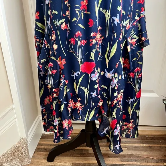 Parker Kam Silk Floral Cold Shoulder Tiered Midi Dress Navy Sz XS